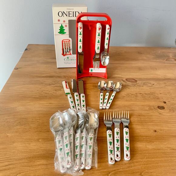 Oneida Colormates Holiday Christmas Tree 24 Piece Set Stainless Silverware Caddy - Picture 2 of 15